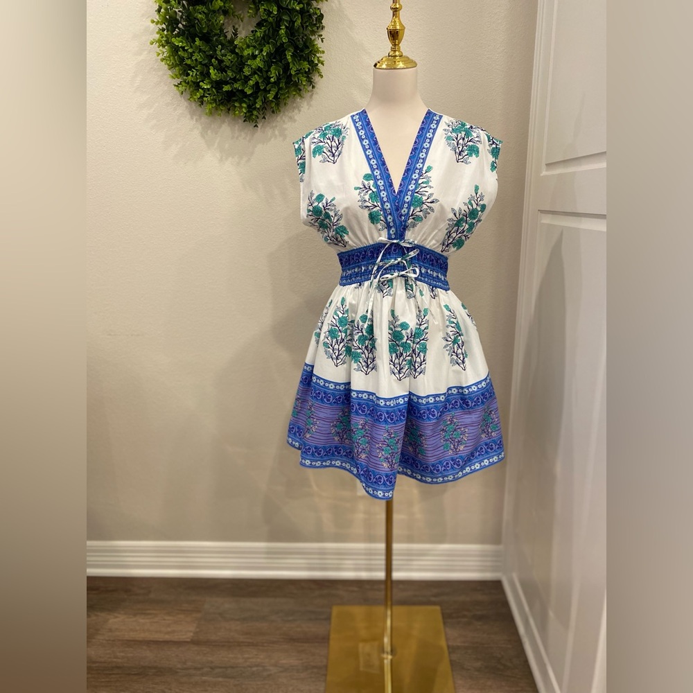 White & Blue Floral V-Neck Dress
